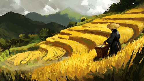 Terraced Rice Field Landscape with Worker