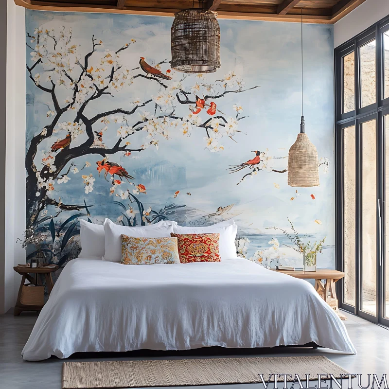 AI ART Tranquil Bedroom Interior with Artistic Mural