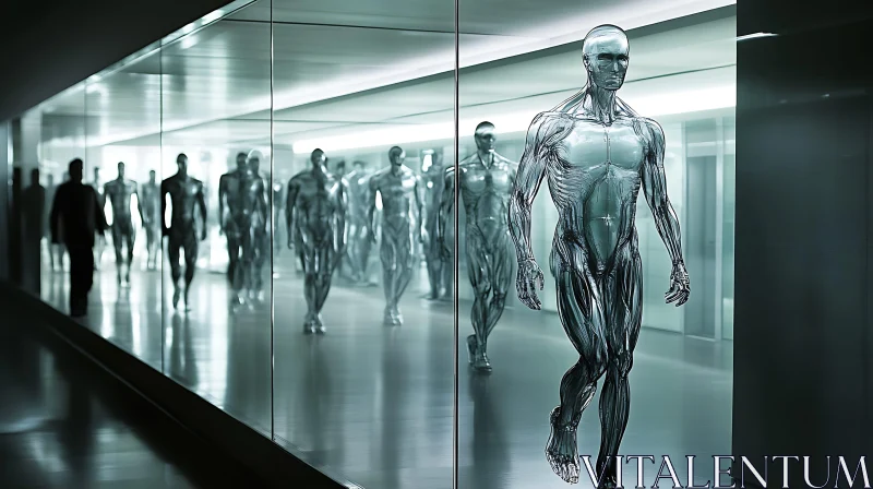 Metallic Humanoid Cyborgs in a Futuristic Setting AI Image