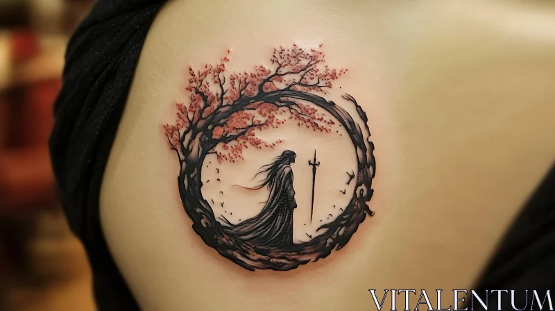 Melancholic Warrior and Blossoming Tree Tattoo AI Image