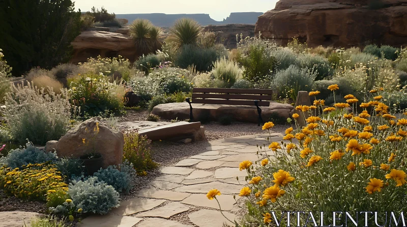 Stone Path and Bench in Desert Garden AI Image