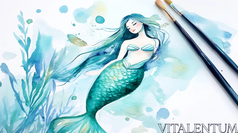 Teal Mermaid Watercolor Art AI Image