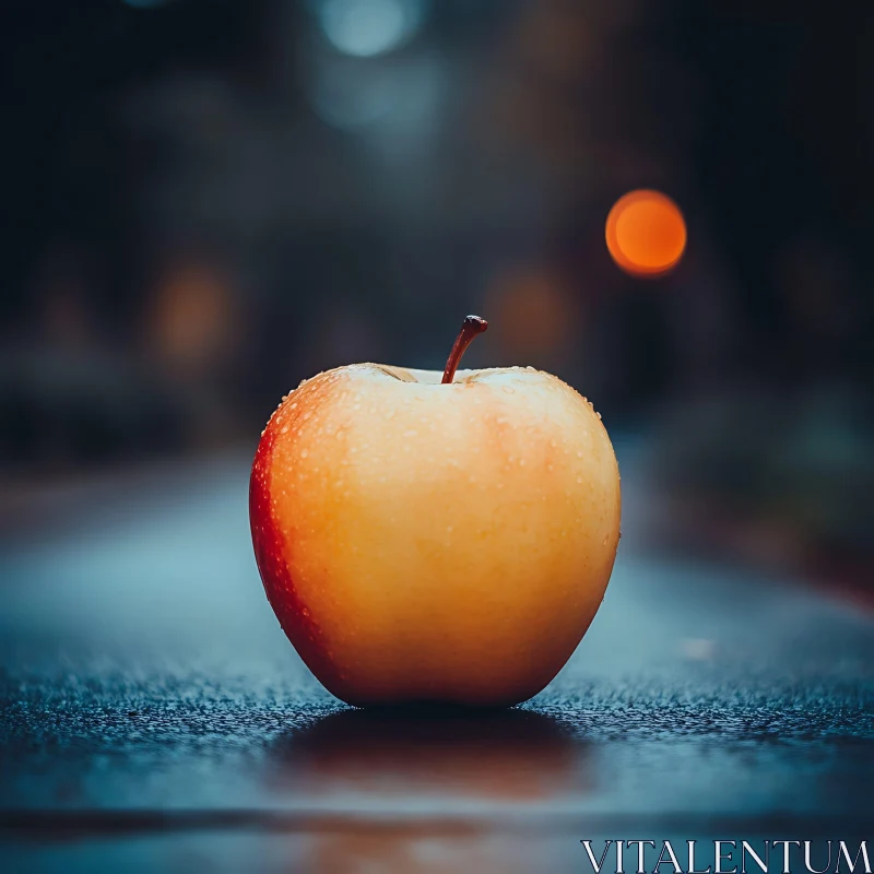 Dew-Kissed Apple on Wet Pavement AI Image