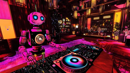 Pink Robot DJ in Neon Club