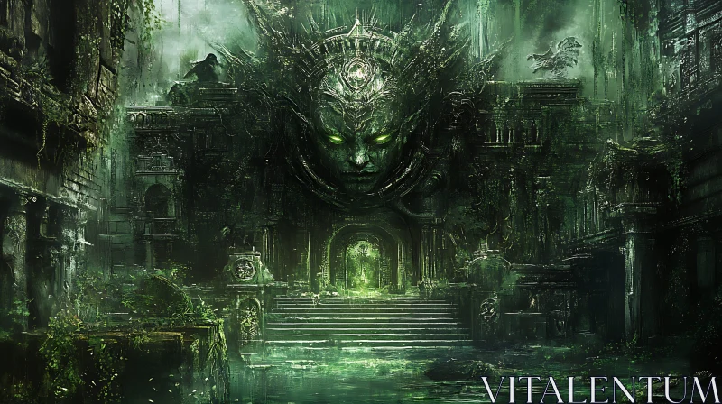 Forgotten Power: Green Ruins and Haunting Visage AI Image