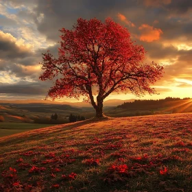 Red Tree on Hill at Sunset