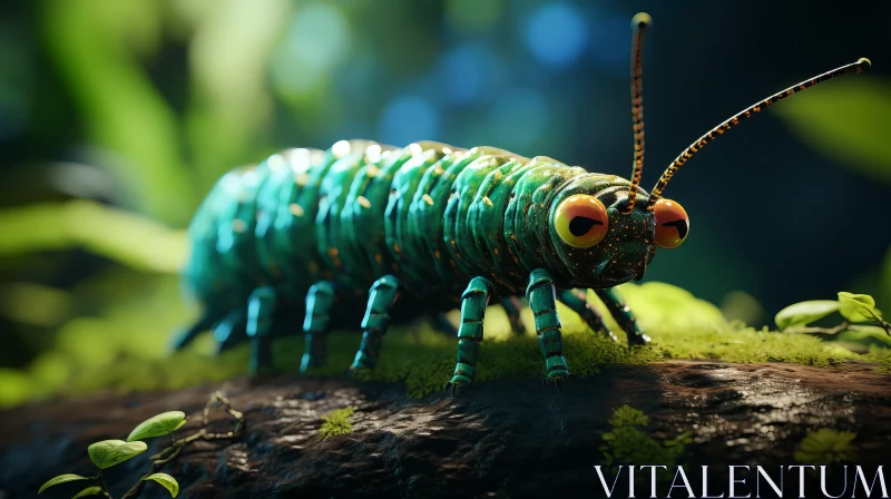 Colorful Realism: Green Insect Creature on Log AI Image