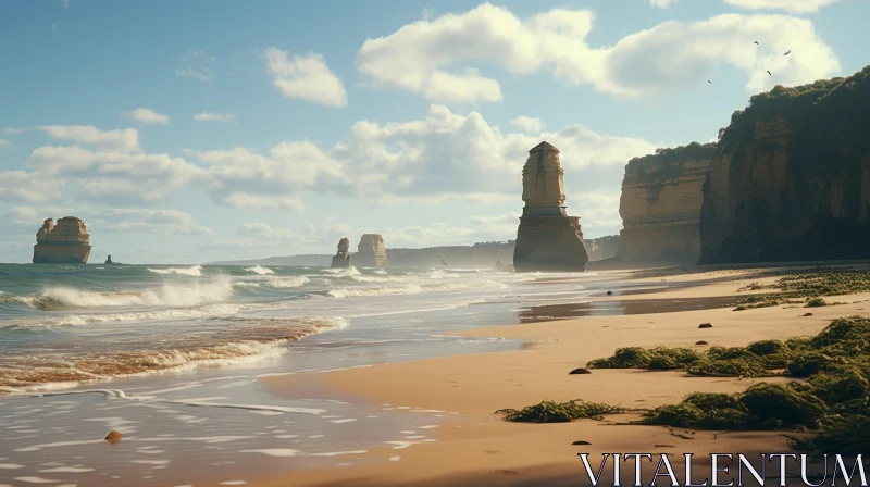 Majestic Cliffs and Tranquil Ocean: A Captivating Beachscape AI Image