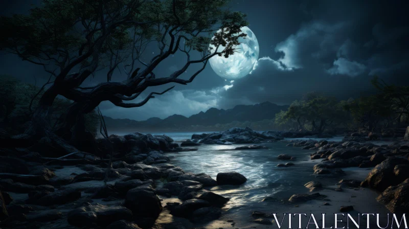 Mysterious Moonlit Lake: A Night Landscape AI Image