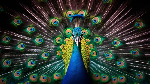 Peacock Displaying Vibrant Feathers in Symmetrical Pattern