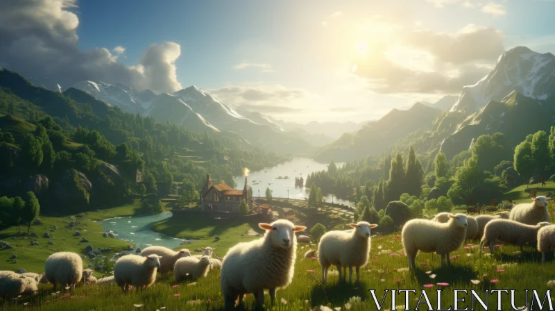 Sheep Grazing in a Sunset Valley - Unreal Engine Rendered Landscape AI Image