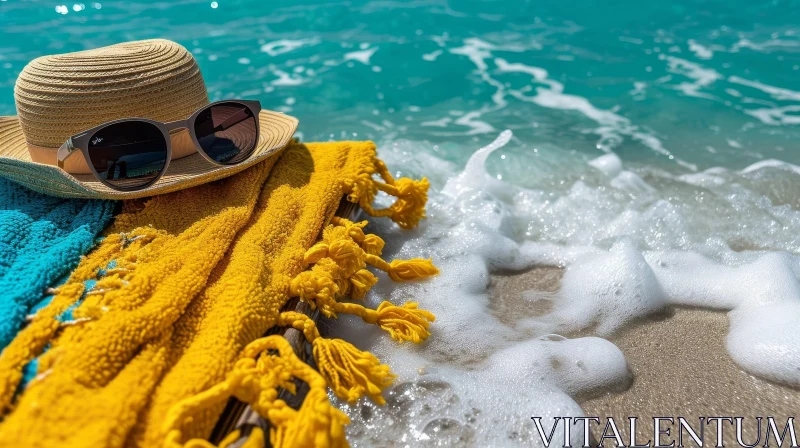 AI ART Sunny Beach Scene with Straw Hat and Sunglasses on a Yellow Beach Towel