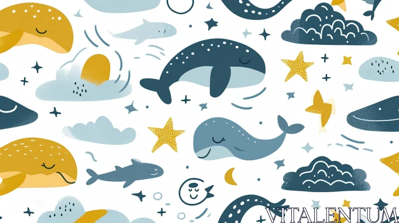 Whale and Fish Cartoon Seamless Pattern for Children's Products AI Image