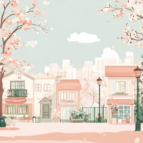 Pastel Houses and Cherry Blossoms Scene