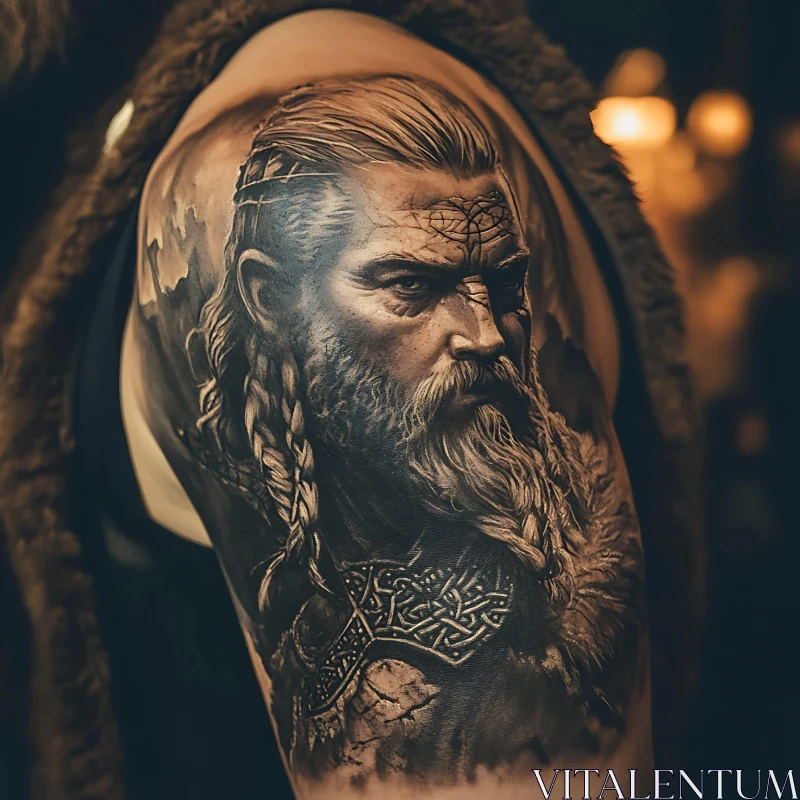 Intricate Viking Portrait Arm Tattoo AI Image