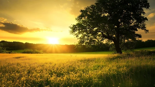 Sunset Field With Tree