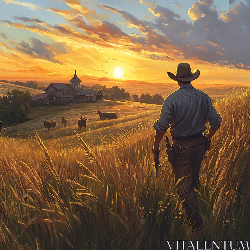 Golden Field Cowboy at Sunset AI Image