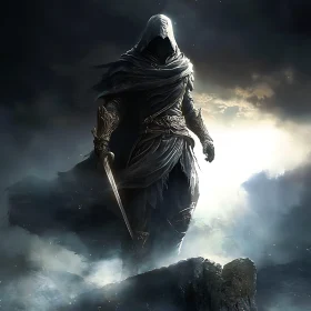 Hooded Figure with Sword on Cliff