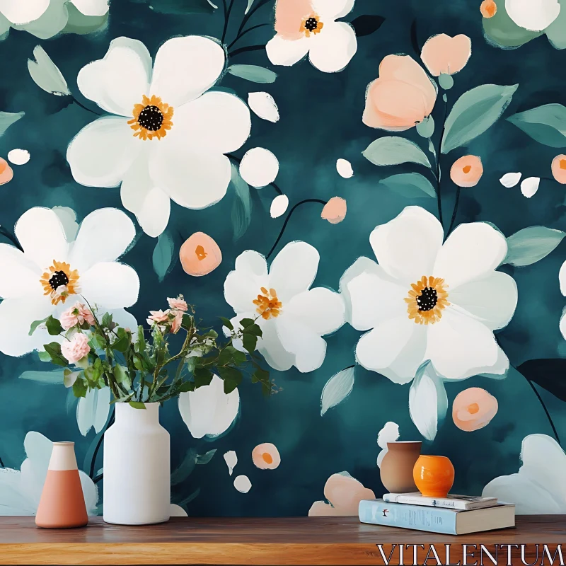 White Flowers and Peach Accents Art AI Image