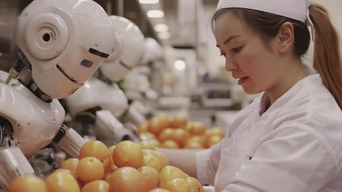 A Woman and Robots Sorting Oranges