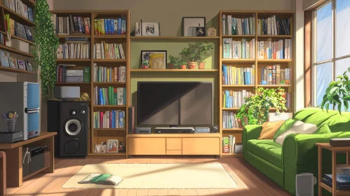 Sunlit Interior with Bookshelves and Green Sofa