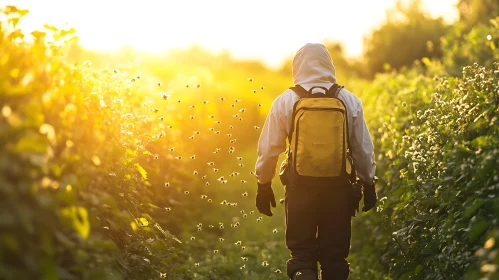 Person Walking in Field with Insects