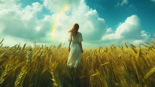 Girl in Field with Rainbow Sky