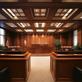 Courtroom with Wooden Furniture and Flags