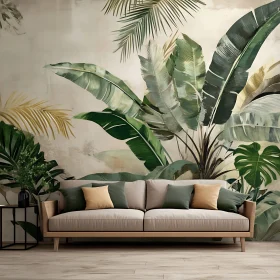 Serene Living Room with Tropical Wallpaper