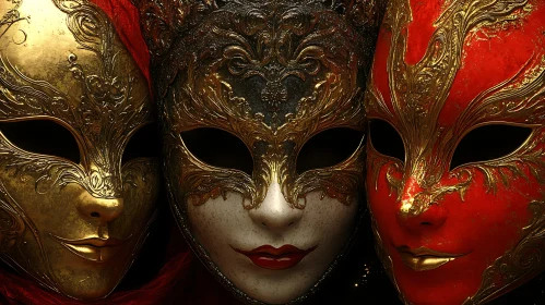 Three Masks: Gold, Red, and Ornate Detail