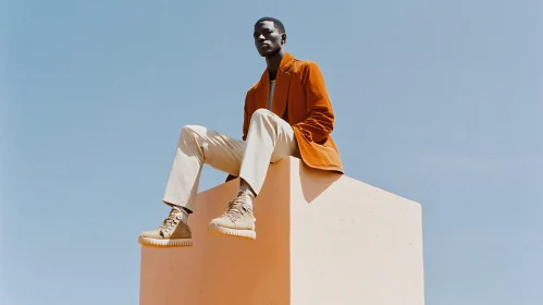 Man in Orange Jacket and Beige Shoes