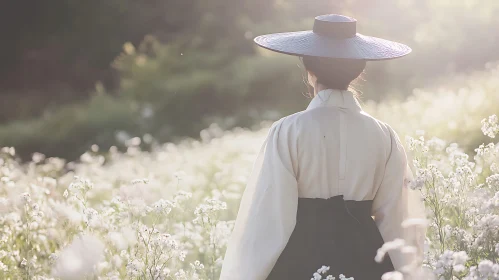 Woman in Traditional Dress in a Floral Field