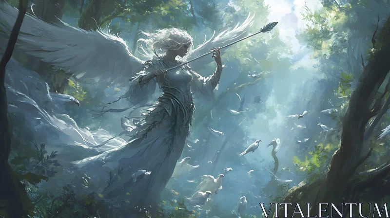 Ethereal Angel with Arrow in Forest AI Image