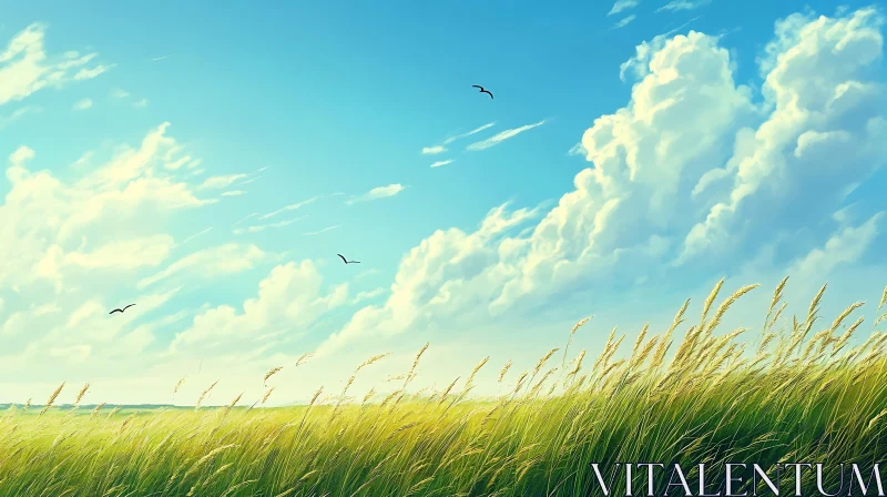 AI ART Peaceful Field with Birds and Clouds