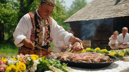 Man Preparing Meat at Outdoor Celebration
