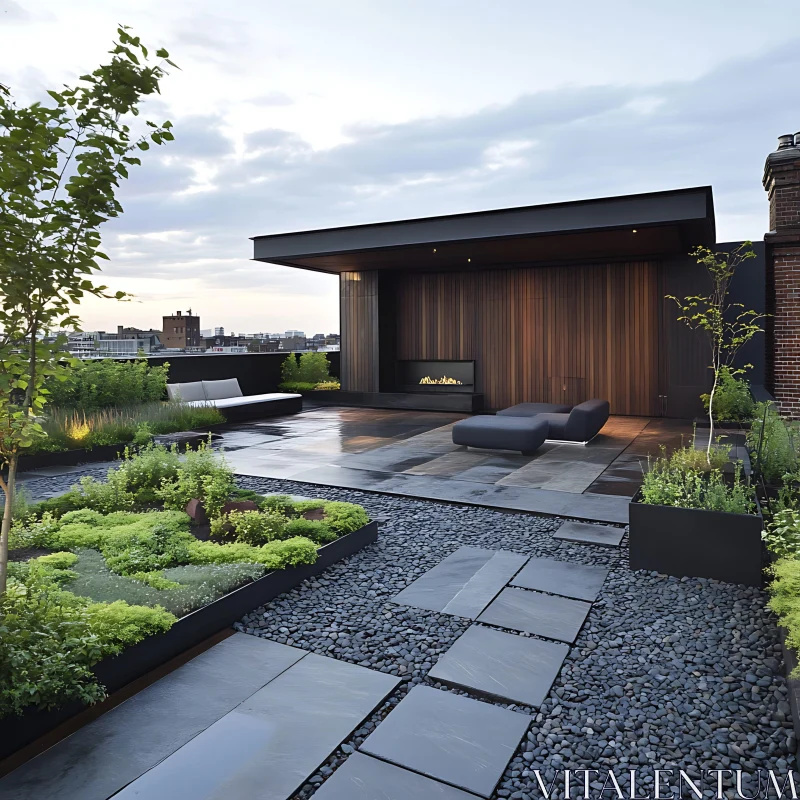 AI ART Modern Rooftop Garden with Fireplace