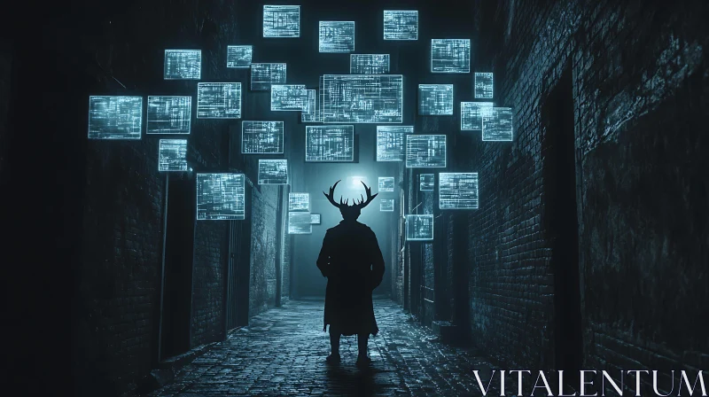 AI ART Shadowy Figure with Antlers in Blue Alley