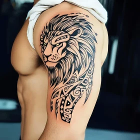 Intricate Black Ink Lion Tattoo