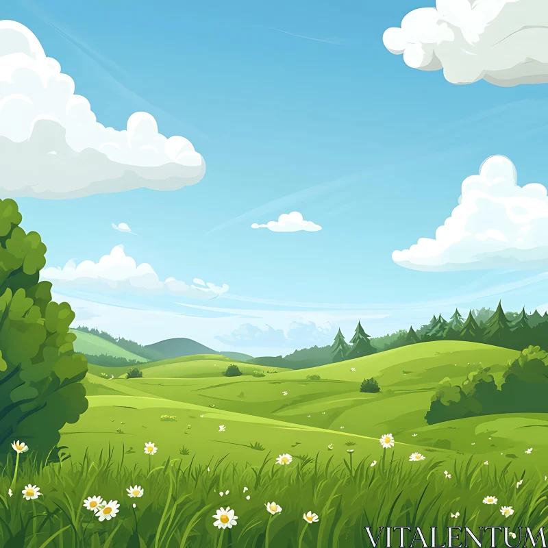 AI ART Cartoon Green Field and Blue Sky