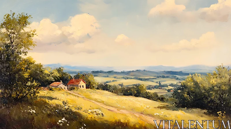 Idyllic Rural Scene with Cottage AI Image