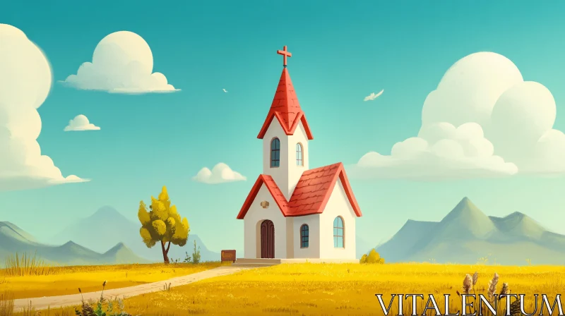 Rural Church Landscape Painting AI Image