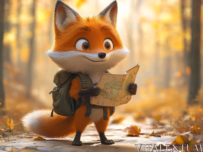 Fox with Map in Autumn Forest AI Image