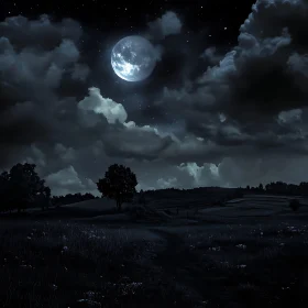 Night Scene: Full Moon Over Field