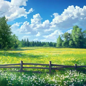 Peaceful Meadow with Wildflowers and Fence