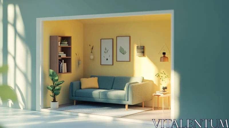 Cozy Interior with Blue Sofa and Plants AI Image