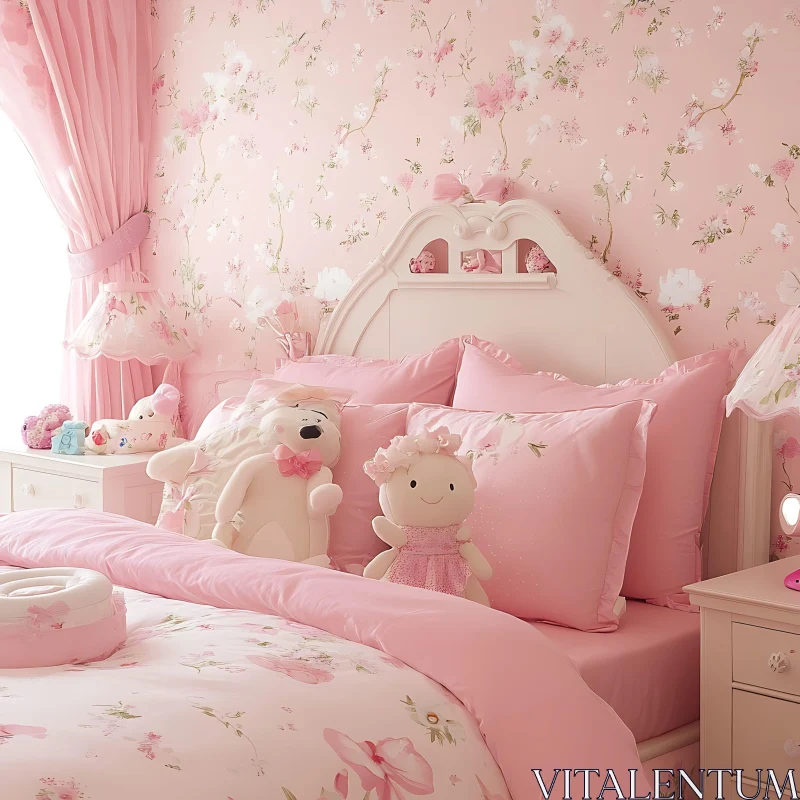 AI ART Gentle Pink Bedroom with Floral Accents