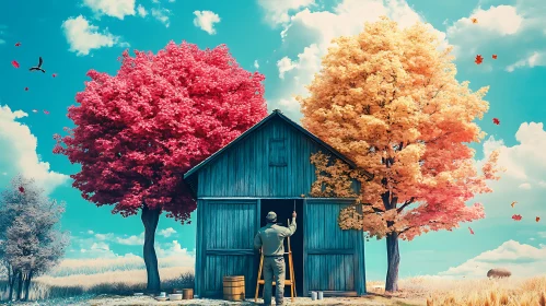 Rural Barn Amidst Autumnal Trees Painting