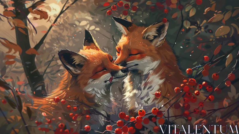 Loving Foxes in Autumnal Embrace AI Image