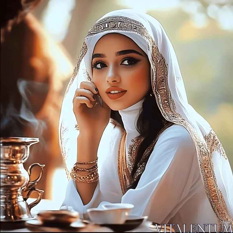 Serene Woman in White and Gold Attire AI Image