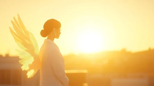 Woman with Wings at Sunset